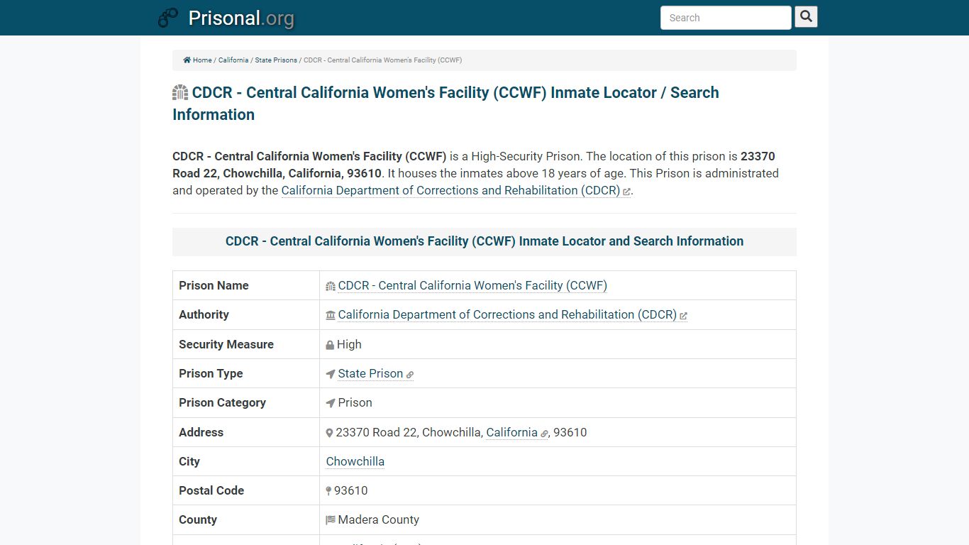 CDCR - Central California Women's Facility (CCWF)-Inmate Locator/Search ...